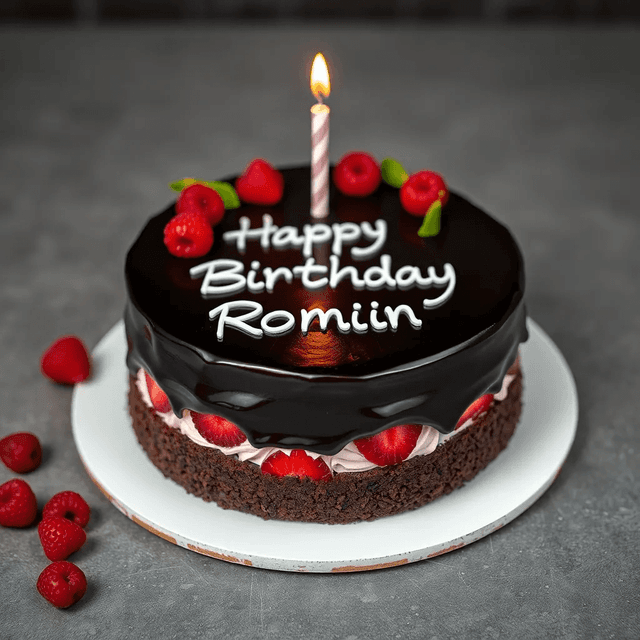 Basic 1 - birthday black forest cake with the words on the cake "Happy Birthday Romain", delicious, profesionnal food photography, dynamic photo.