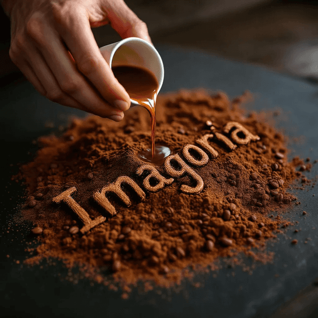 Premium 1 - Hand with coffee, pouring it on a pile of coffe, words "Imagoria" drawn with coffe powder, professional food photography