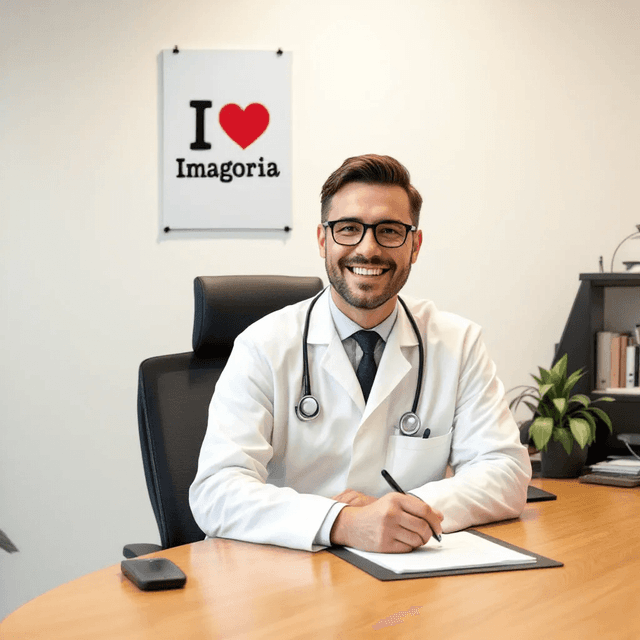 Premium 1 - A doctor sitting at his wooden desk smiling, a poster bearing the words ‘I love Imagoria’ behind him on the wall.