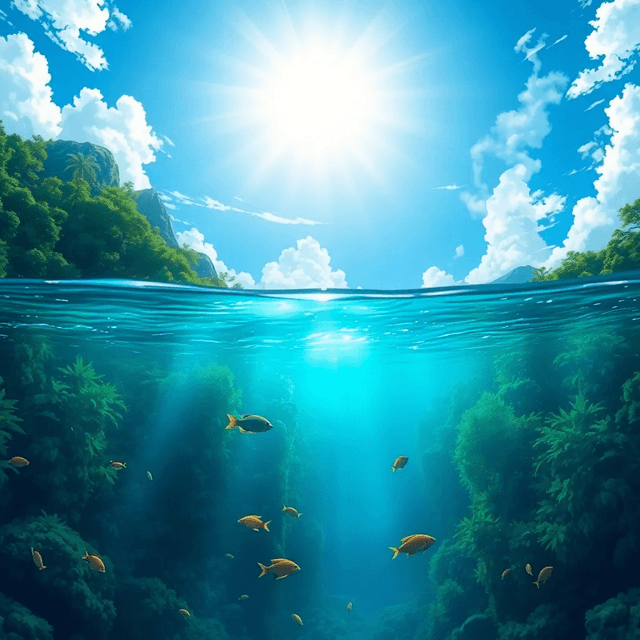 Basic 1 - lush green forest, Mountains, Bright sunlight illuminates the crystal-clear water, (deep underwater), anime, half above water and half below water, (clear underwater), beautiful sky with clouds and smoke, tropical fish, depth.