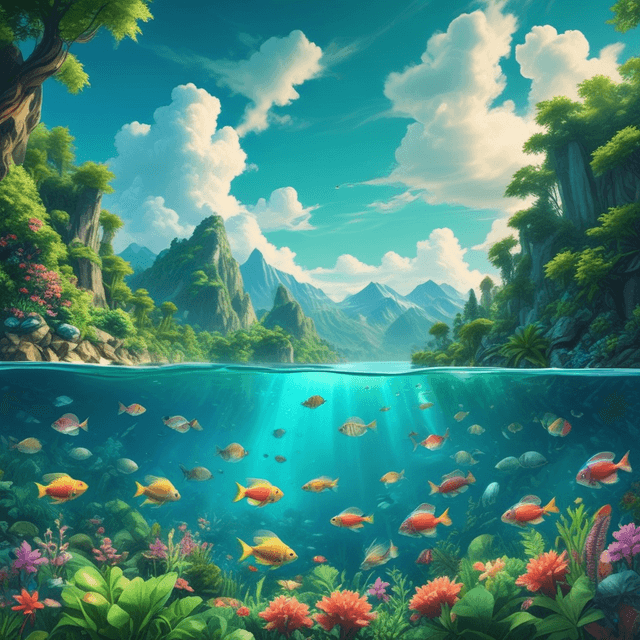 Basic 2 - lush green forest, Mountains, Bright sunlight illuminates the crystal-clear water, (deep underwater), anime, half above water and half below water, (clear underwater), beautiful sky with clouds and smoke, tropical fish, depth.