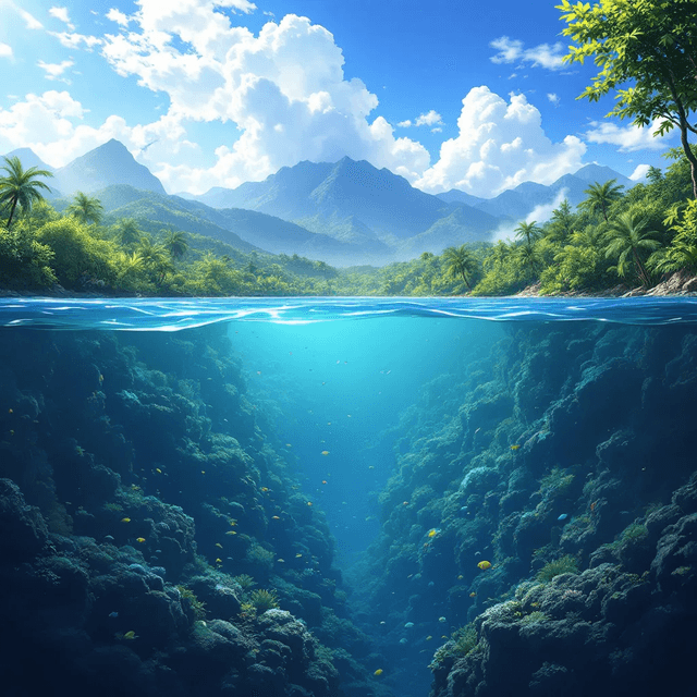 Premium 1 - lush green forest, Mountains, Bright sunlight illuminates the crystal-clear water, (deep underwater), anime, half above water and half below water, (clear underwater), beautiful sky with clouds and smoke, tropical fish, depth.