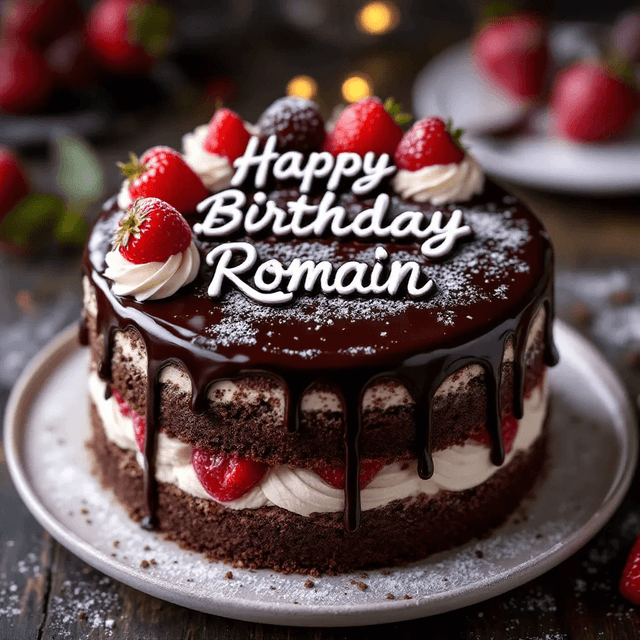 Premium 1 - birthday black forest cake with the words on the cake "Happy Birthday Romain", delicious, profesionnal food photography, dynamic photo.