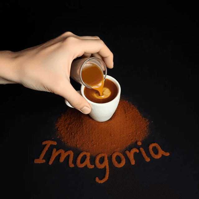 Basic 1 - Hand with coffee, pouring it on a pile of coffe, words "Imagoria" drawn with coffe powder, professional food photography