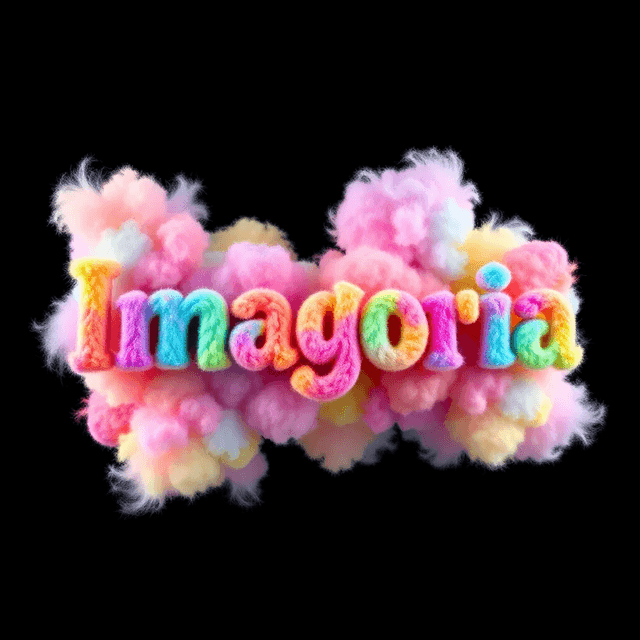 Basic 1 - Vibrant and uplifting fuzzy colorful wool style word text: "Imagoria", with a lot of colorful fuzzy cloud at in all picture in all angel, 3d render, typography, poster.