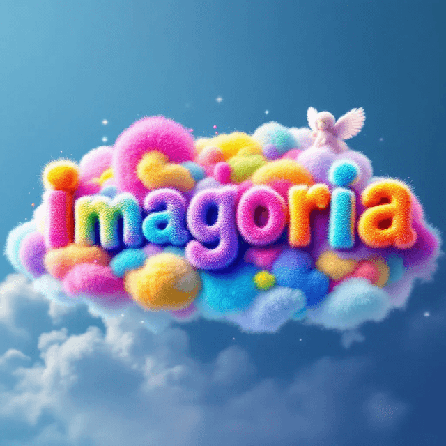 Premium 1 - Vibrant and uplifting fuzzy colorful wool style word text: "Imagoria", with a lot of colorful fuzzy cloud at in all picture in all angel, 3d render, typography, poster.