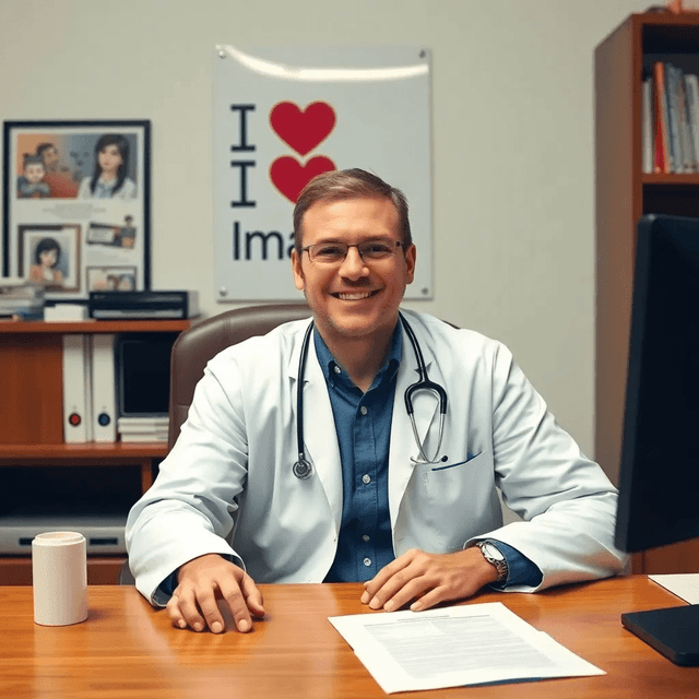 Basic 1 - A doctor sitting at his wooden desk smiling, a poster bearing the words ‘I love Imagoria’ behind him on the wall.