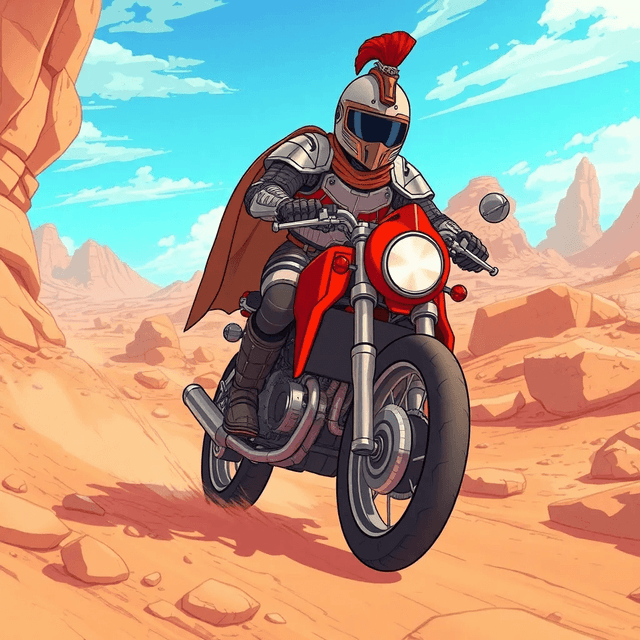 Basic 1 - Subject: A knight rides a motorcycle,Environment: A rocky alien planet,Style: Anime style,Camera angle: Wide-angle shot.