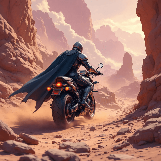 Premium 1 - Subject: A knight rides a motorcycle,Environment: A rocky alien planet,Style: Anime style,Camera angle: Wide-angle shot.