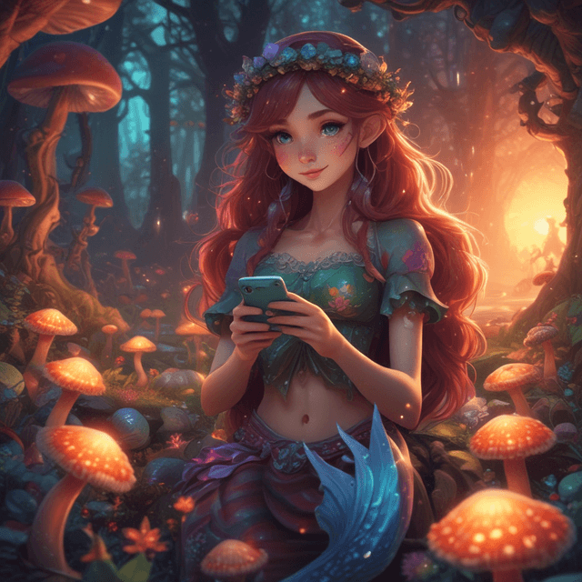 Basic 2 - A mermaid using a smartphone, environment: Enchanted forest with glowing mushrooms, Anime style, Sunset lighting, Wide-angle shot.