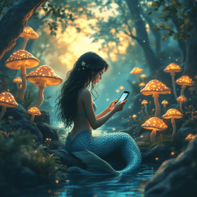 Premium 1 - A mermaid using a smartphone, environment: Enchanted forest with glowing mushrooms, Anime style, Sunset lighting, Wide-angle shot.