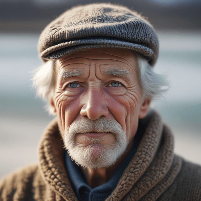 Basic 2 - Photograph, close-up of an elderly man with weathered skin, piercing blue eyes, and a gray beard. He's wearing a fisherman's cap and a cozy wool sweater. Soft natural lighting, detailed wrinkles and skin texture, outdoor setting with blurred seaside background.