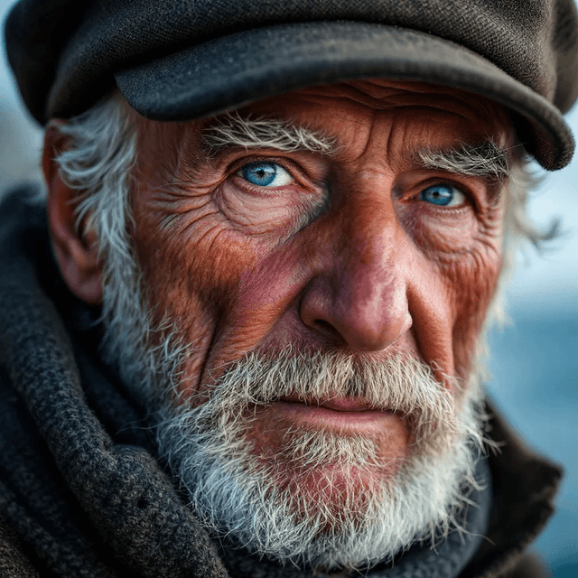 Premium 1 - Photograph, close-up of an elderly man with weathered skin, piercing blue eyes, and a gray beard. He's wearing a fisherman's cap and a cozy wool sweater. Soft natural lighting, detailed wrinkles and skin texture, outdoor setting with blurred seaside background.