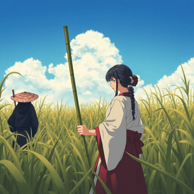 Basic 1 - Retro anime style, In a dense field of swaying reeds, a female samurai stands ready for confrontation, gripping a long bamboo staff with both hands. Her eyes are fixed on a distant figure,a mysterious opponent draped in a black cloak and wearing a wide-brimmed bamboo hat.