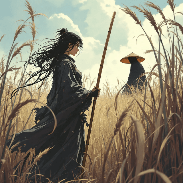 Premium 1 - Retro anime style, In a dense field of swaying reeds, a female samurai stands ready for confrontation, gripping a long bamboo staff with both hands. Her eyes are fixed on a distant figure,a mysterious opponent draped in a black cloak and wearing a wide-brimmed bamboo hat.