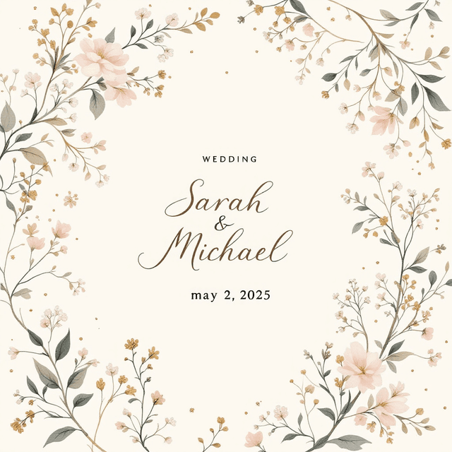 Premium 1 - A elegant wedding invitation image design. The image features a minimalist floral pattern with delicate gold foil accents on a cream background. In the center, elegant calligraphy announces 'Sarah & Michael' with the wedding date below "may 2 2025", with a minimalist drawing of newlyweds below . Soft pastel colors complement the design, creating a romantic and sophisticated atmosphere.