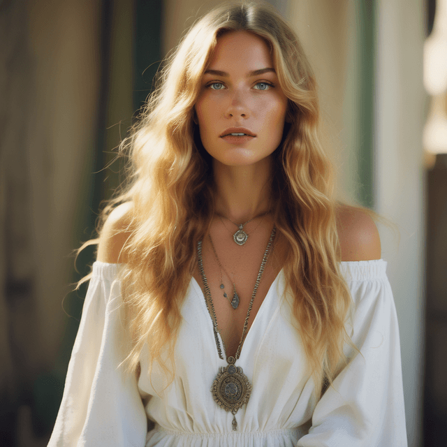 Basic 2 - Create a captivating portrait of a voluptuous boho woman with green eyes and long wavy blonde hair. Her expression is contemplative, reflecting a moment of deep thought. She wears a white-colored, off-shoulder linen satin dresscomplemented by a necklace and various boho jewelry.