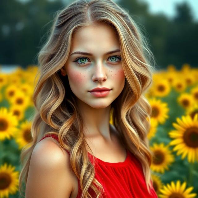 Generate a hyper-realistic portrait of a young woman with long wavy blonde hair, green eyes, and freckles, wearing a red dress, standing in a field of sunflowers.