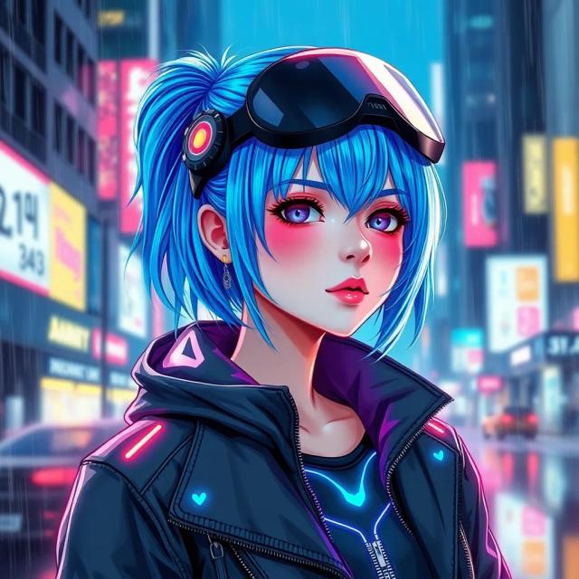 Generate a cyberpunk girl with neon blue hair, wearing a high-tech visor and futuristic jacket, surrounded by neon lights and holograms in a rainy futuristic city.