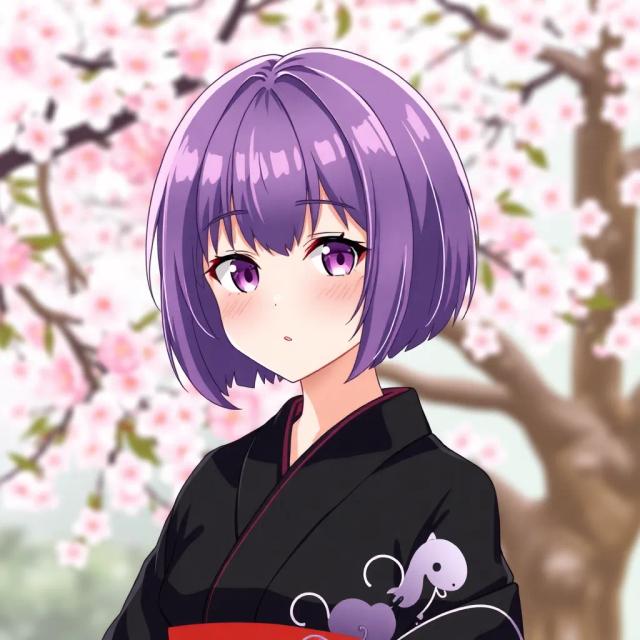 Create an anime-style girl with purple hair in a short bob cut, wearing a black kimono, standing in front of cherry blossoms in the background.