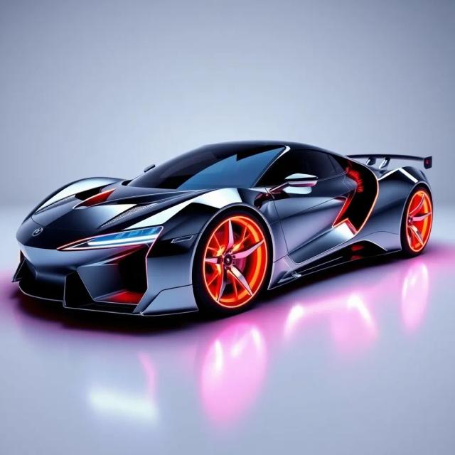 Create a supercar with an ultra-modern design, featuring a chrome finish and glowing neon accents on the wheels and body.