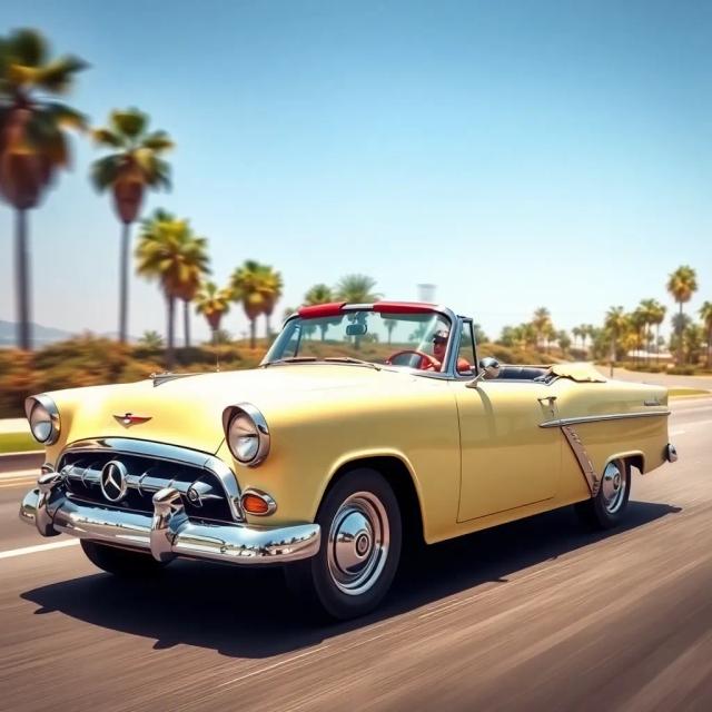 Generate a classic car from the 1950s, with chrome details and a soft top, driving on a sunny road with palm trees.