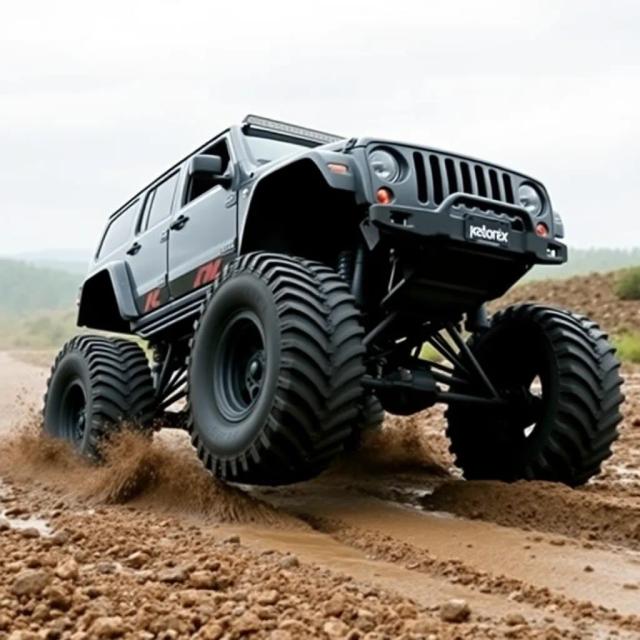 Generate a tough, off-road vehicle with oversized wheels, rugged suspension, and an aggressive design, driving through a muddy terrain.