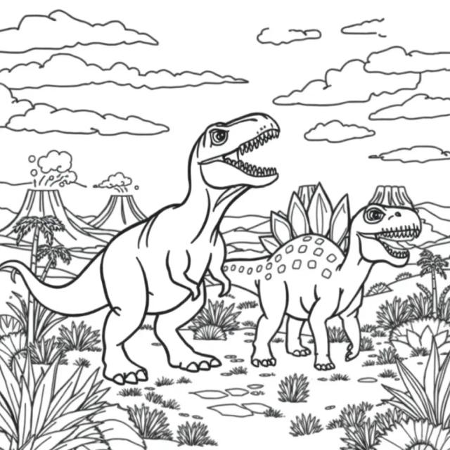 Create a coloring book page of dinosaurs, including a T-Rex and a Stegosaurus, walking through a prehistoric valley with volcanoes in the background.