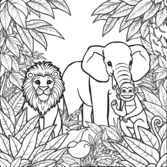Create a coloring book page featuring jungle animals like a lion, elephant, and monkey, surrounded by tropical plants and trees. No colors.