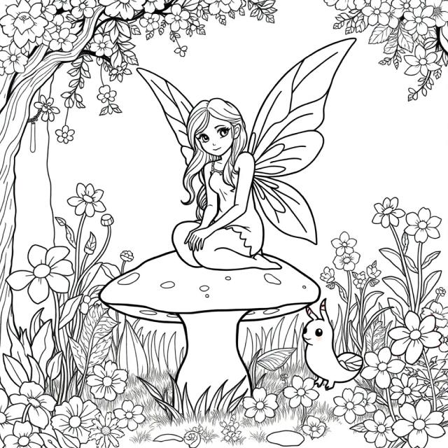 Create a coloring book page of a fairy with wings, sitting on a mushroom in an enchanted garden with flowers and magical creatures. No colors.