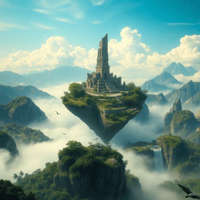 A photorealistic, cinematic picture of a beautiful landscape with flying islands in the sky, floating on clouds, overgrown with trees, mountains, lots of wildlife and waterfalls. There are ruins of an old ancient city with a huge broken tower reaching through the clouds.