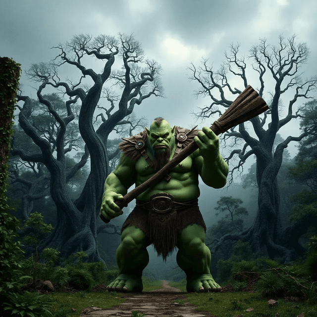 A towering ogre with greenish skin, standing at the edge of a dense forest. Behind him, ancient trees with twisted roots loom over a misty clearing, and the sky is overcast with dark clouds. The ogre holds a massive wooden club as if guarding a forgotten path.