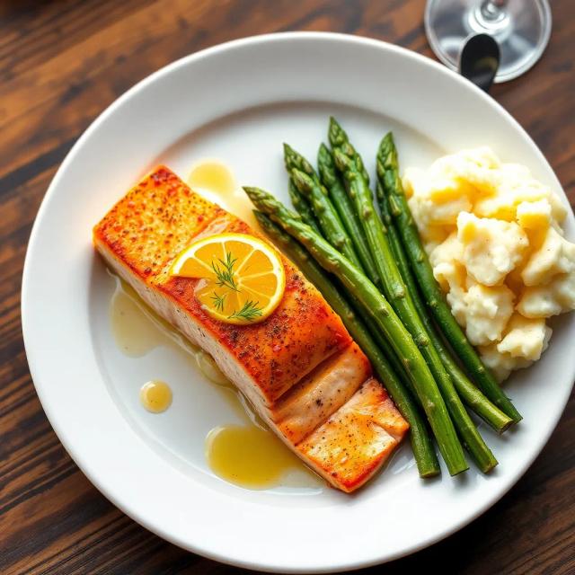 Generate a gourmet dish with seared salmon fillet, served on a white plate with a drizzle of lemon butter sauce, asparagus, and a side of mashed potatoes, photographed on a wooden table.