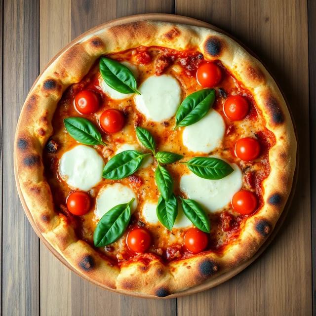 Generate a top-down view of a traditional wood-fired Italian pizza with crispy edges, melted mozzarella, fresh basil, and ripe cherry tomatoes on a rustic wooden pizza board.