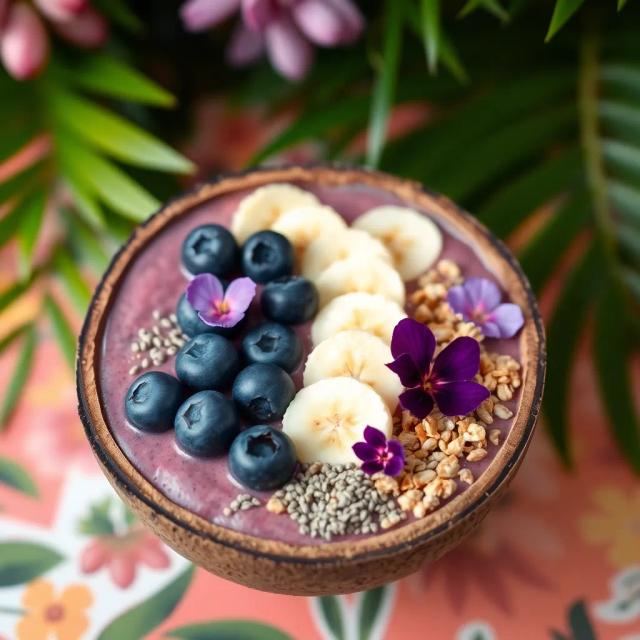 Create a healthy smoothie bowl topped with fresh blueberries, banana slices, chia seeds, granola, and edible flowers, presented in a coconut bowl on a vibrant tropical background.