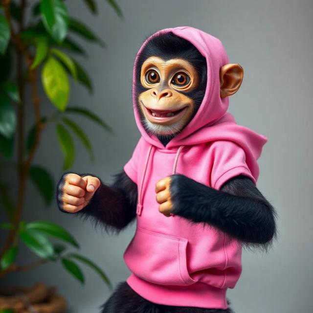 Smiling funny monkey wearing a pink hoody standing in a fight posture, jungle environment,big eyes, fashion, studio photoshoot, soft color background.