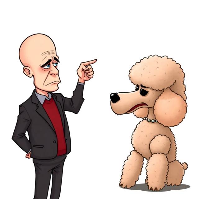 Generate a humorous caricature of a sad bald man, standing and pointing with his finger, while facing a glamorous poodle with an outrageously fluffy, over-the-top grooming style. The man looks at the poodle with a mix of jealousy and disbelief.