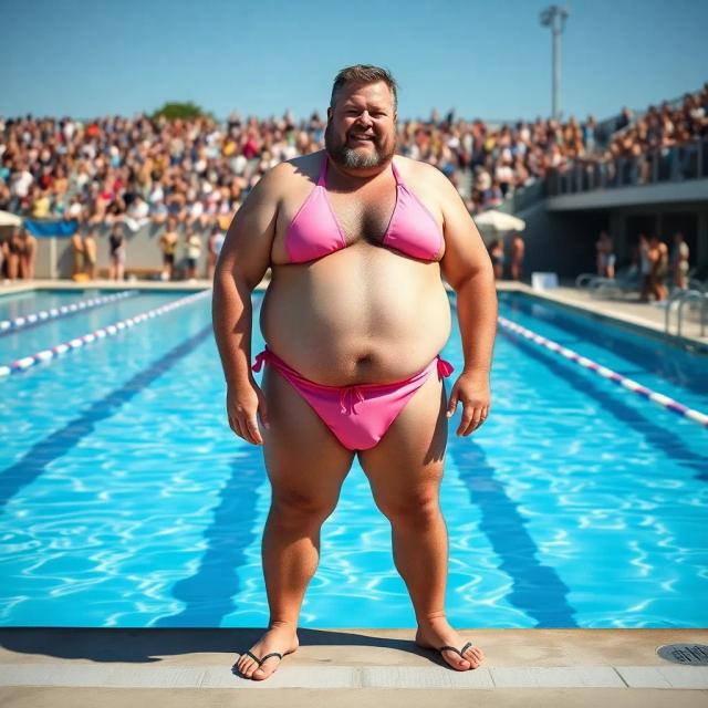 Generate a comical image of an overweight and hairy man awkwardly wearing a bright pink bikini that's way too small for him, standing confidently at the edge of a crowded swimming pool.