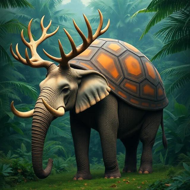 Create a hybrid elephant with large antlers like a stag and a massive turtle shell on its back, walking through a dense jungle.