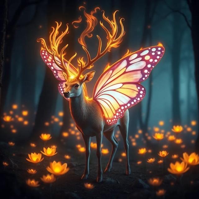 Create a deer with giant butterfly wings and a mane of glowing flames, standing in an enchanted forest filled with glowing flowers.