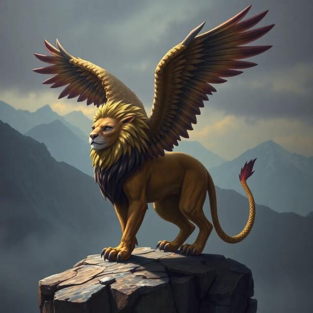 Create a hybrid creature with the body of a lion, the wings of an eagle, and a serpent's tail, standing majestically on a mountain cliff.