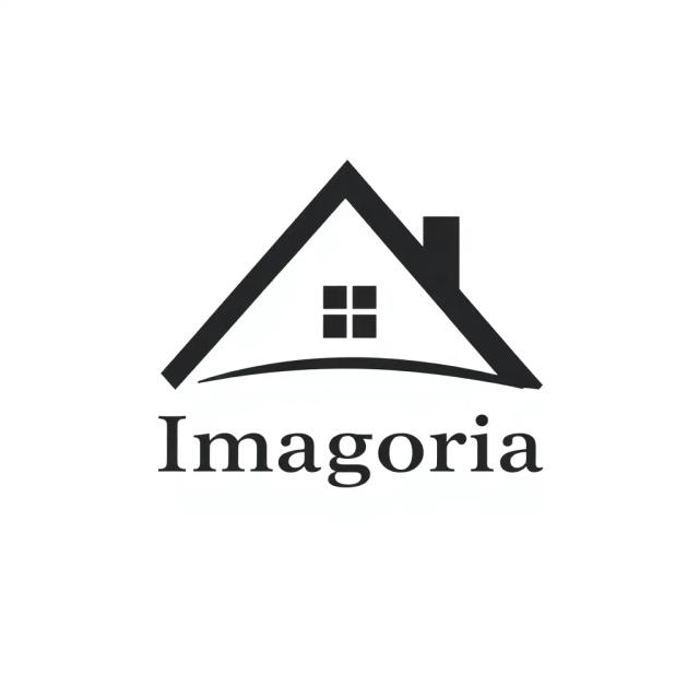 Create a minimalist logo of a house with a sharply angled roof and a simple chimney, with the text 'Imagoria' written in a clean, geometric font, complementing the simplicity of the logo.