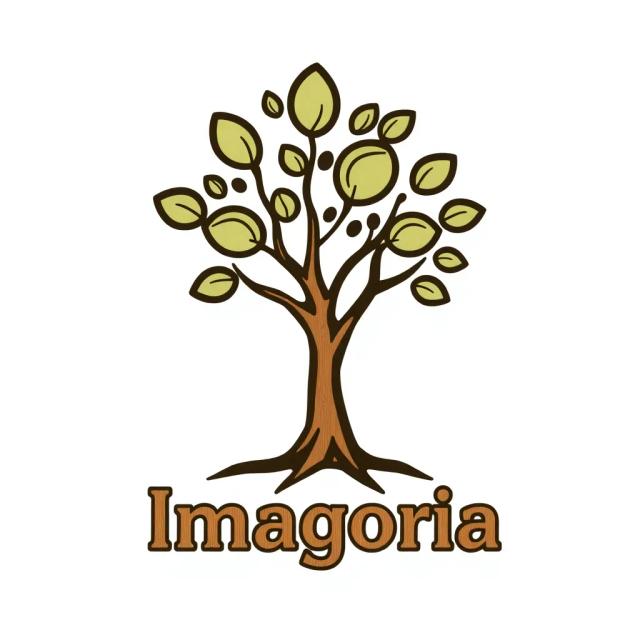 Generate a logo featuring a tree with stylized, rounded leaves and visible roots, symbolizing growth, with the text 'Imagoria' in a wooden texture font beneath it, giving it a natural, organic look.