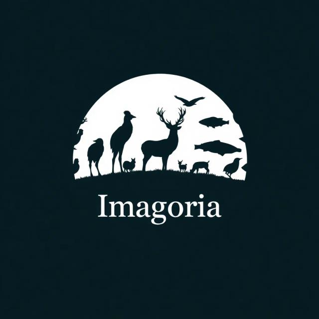 Generate a circular logo with silhouettes of various animals (like a bird, deer, and fish) forming a cohesive pattern around the edge, with the text 'Imagoria' in a classic, serif font below for a professional appearance.