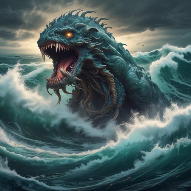 Generate a massive sea monster with tentacles and glowing eyes, emerging from a stormy ocean with waves crashing around it.