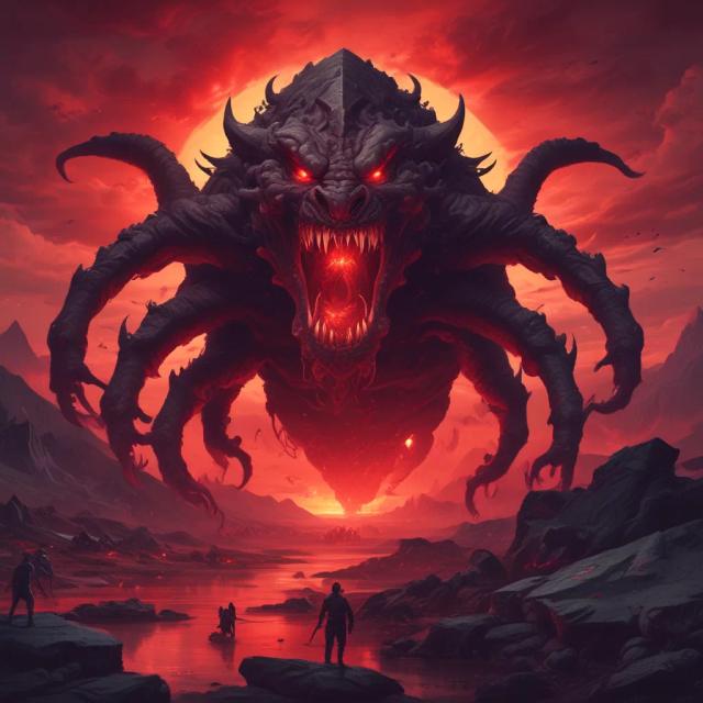 Create a multi-headed monster with enormous mouths and glowing red eyes, terrorizing a desolate landscape under a blood-red sky.