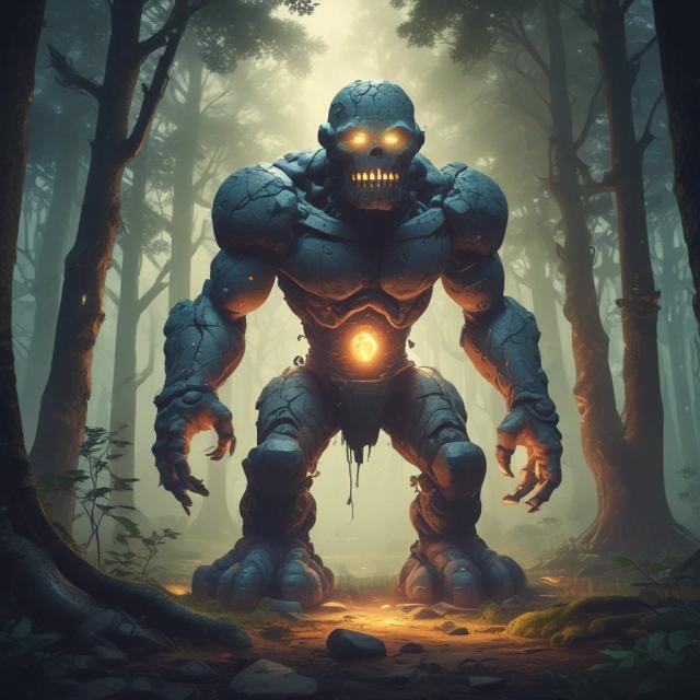 Generate a towering stone golem with glowing runes etched into its body, standing in a mystical forest with trees uprooted around it.