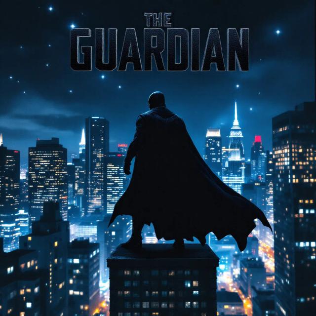 Generate a superhero movie poster showing a caped figure standing on a skyscraper rooftop at night. Text: 'The Guardian'.