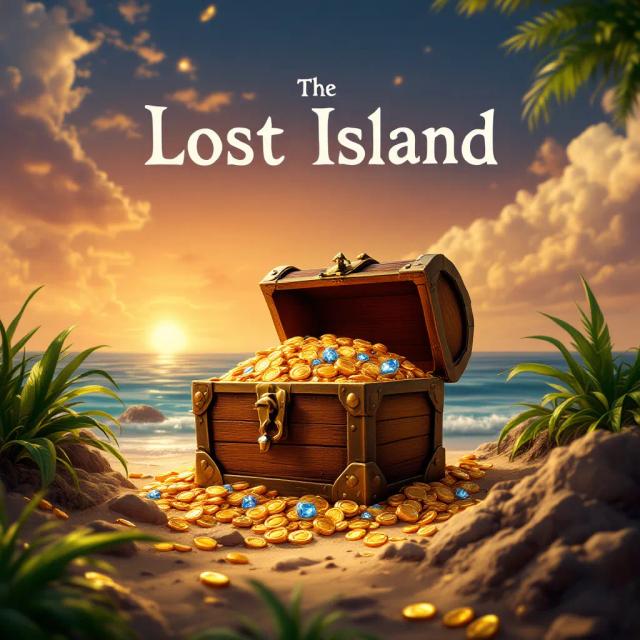 Generate an adventure movie poster featuring a deserted island with a buried treasure chest with shiny coins and diamonds. Text: 'The Lost Island'.