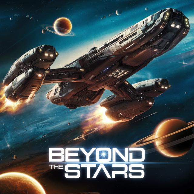 Create a movie poster featuring a massive spaceship flying through a field of glowing planets. Text: 'Beyond the Stars'.